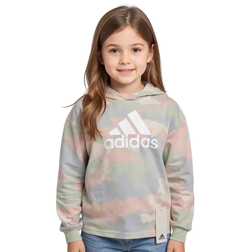 Adidas Girls Pastel Camo Hoodie Pink Multi Loose Fit Logo Top L 14 NWT